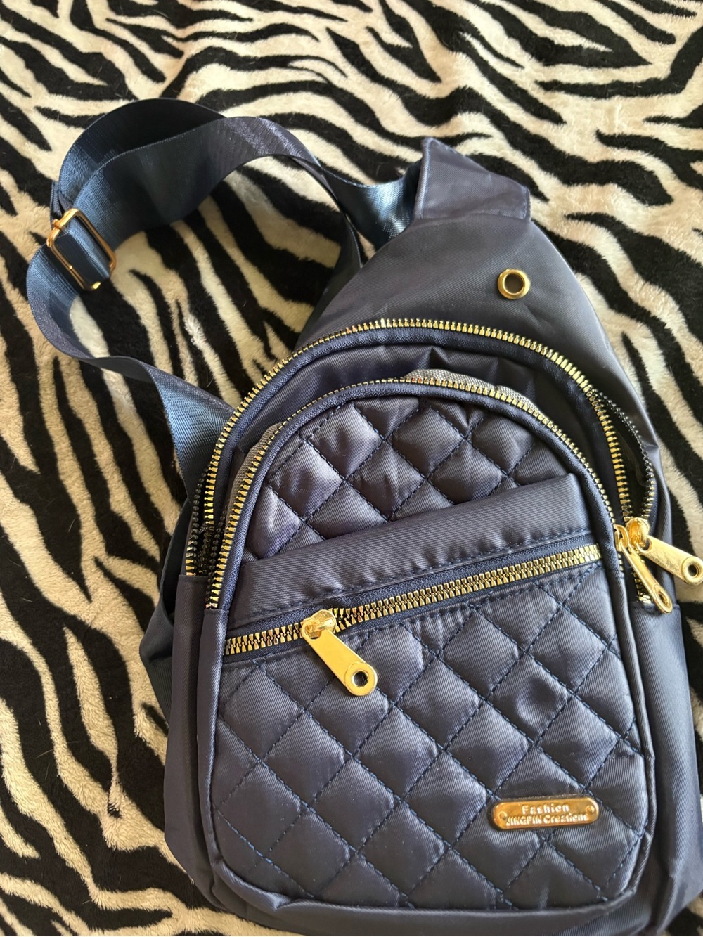 Quilted Navy Crossbody Sling Bag with Gold Hardware